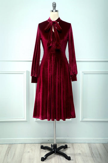 Dark Red Knee Long Velvet Party Dress